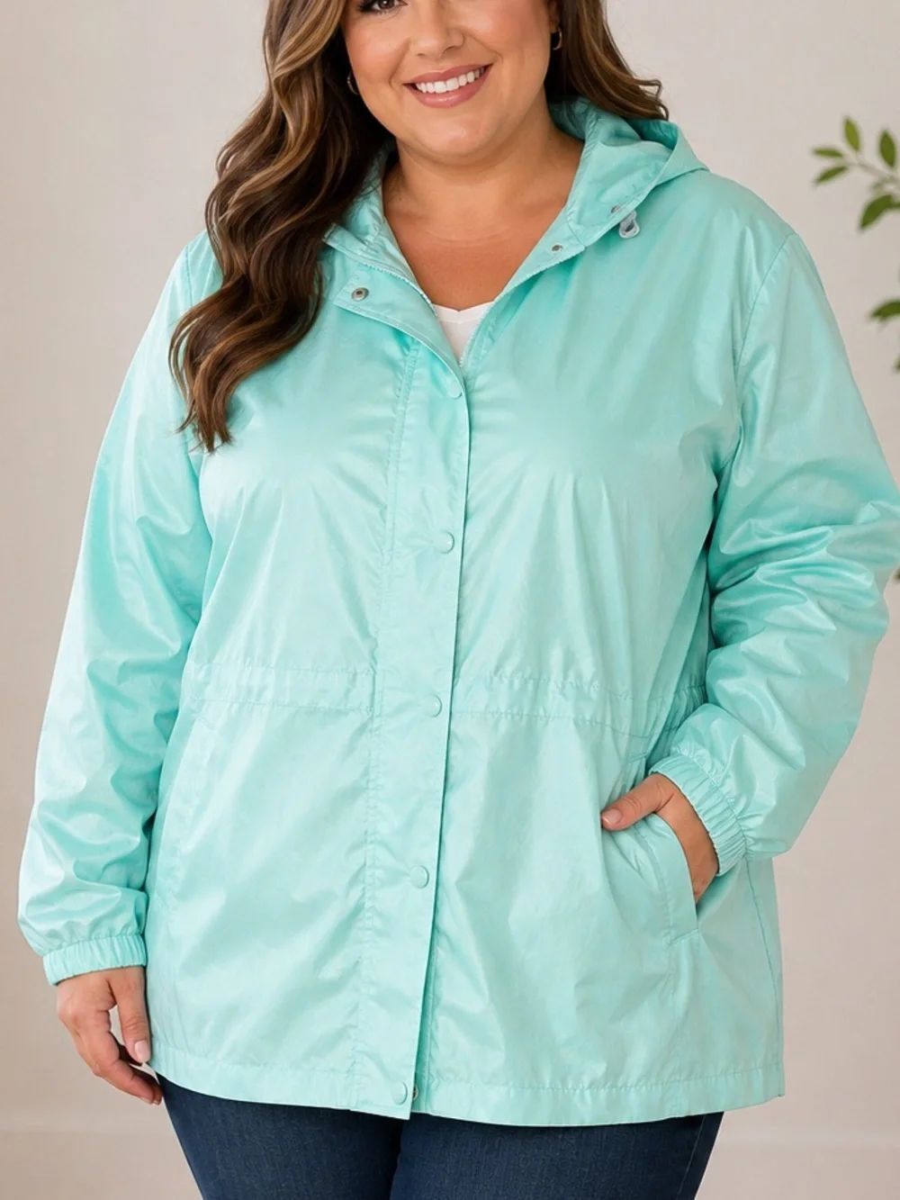 Blair Women's Hooded Raincoat Jacket 3X Aqua Blue Lightweight Snap/Zip Front